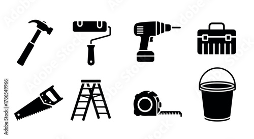 Black silhouette icons of eight different tools, including a hammer, paint roller, drill, toolbox, saw, ladder, tape measure, and bucket.