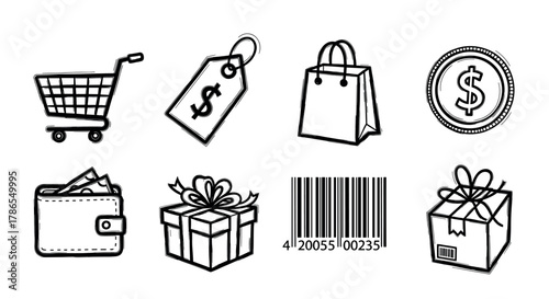 Set of black outline icons depicting shopping concepts including a shopping cart, price tag, gift boxes, barcode, wallet, and shopping bag.
