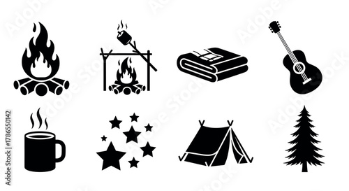 Black silhouette icons of camping essentials including campfire, roasting marshmallow, folded blankets, acoustic guitar, steaming mug, stars, tent, and pine tree.