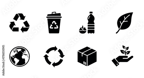 Set of black silhouette icons representing recycling, waste management, sustainability, including recycle symbol, trash bin, bottle, leaf, earth, arrows, box, and hand with plant.