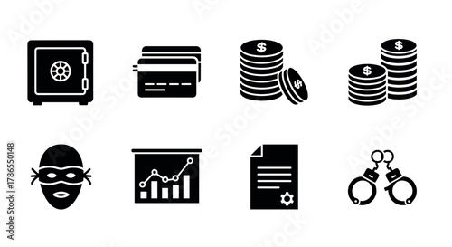 Black icon set depicting elements related to finance and security, including a safe, credit cards, stacked coins, thief mask, chart, document, and handcuffs.