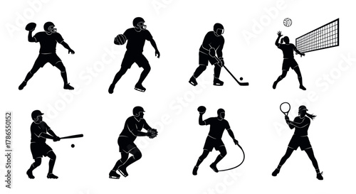 Silhouettes of athletes engaging in various sports including football, ice hockey, volleyball, baseball, softball, handball, and tennis.