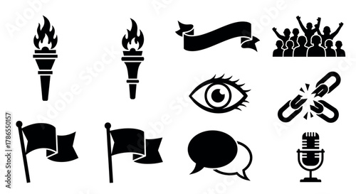 Black silhouette icons depicting a torch, ribbon banner, cheering crowd, eye, broken chain, flag, speech bubbles, and microphone.