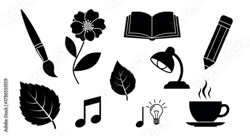 Black silhouette icons depicting a paintbrush, flower, open book, pencil, leaves, lamp, musical notes, light bulb, and steaming coffee cup.