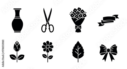 Set of eight black silhouette icons featuring a vase, scissors, bouquet, ribbon, rose, flower, leaf, and bow, representing elements of floral design and decoration.