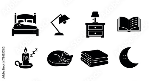 Black silhouette icons representing a bed, desk lamp, nightstand, open book, lit candle, sleeping cat, folded blankets, and crescent moon, symbolizing relaxation and comfort.