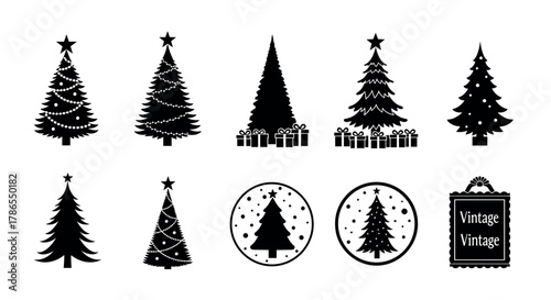 A collection of ten black silhouette icons showcasing various stylized christmas trees with ornaments, stars, and gift boxes, including two circular designs and a vintage sign.