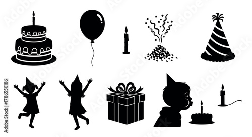 Black silhouette vector set featuring a birthday theme including cake, balloon, candle, confetti, party hat, gift, and happy children.