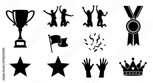 Black silhouettes depicting trophy, jumping figures, medal, flag, confetti, star, raised hands, and crown illustrate celebration and achievement symbols.