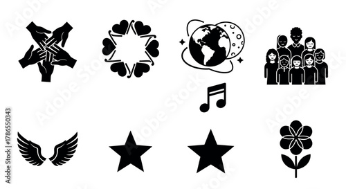 A set of black silhouette icons including hands building a structure, flower petal sequence, globe with moons, diverse group of people, wings, stars, musical note, and a flower.