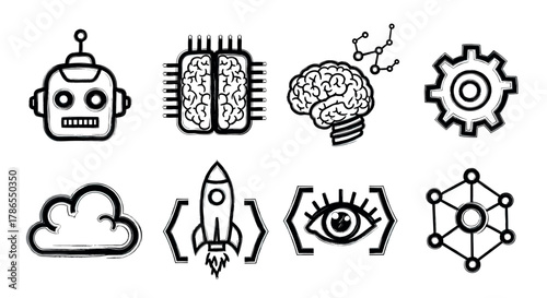 Black outline icons depicting robot head, microchip, brain, gear, cloud, rocket, eye, and network for technology and science themes.