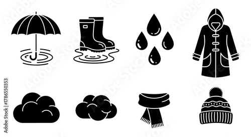 Black silhouette icons of rainy weather gear including an umbrella, boots, raindrops, raincoat, clouds, scarf, and a warm winter hat.