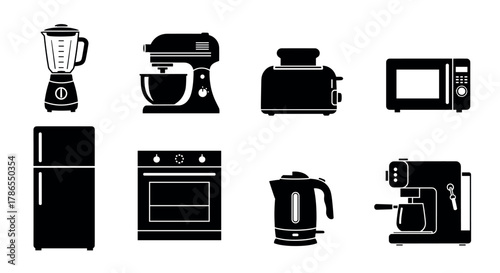 Black silhouette icons of various kitchen appliances including a blender, mixer, toaster, microwave, refrigerator, oven, kettle, and coffee machine.