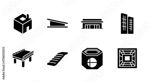 Collection of eight black architectural icons depicting various building styles including modern skyscrapers, steps, a pier, and unique geometric structures.