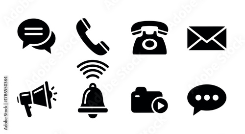 Set of eight black communication icons, including chat bubbles, telephones, envelope, megaphone, bell, camera, and video play button.