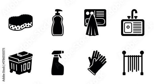 Set of black silhouette cleaning and kitchen icons including sponge, soap dispenser, towel, sink, trash bin, spray bottle, gloves, and drying rack.