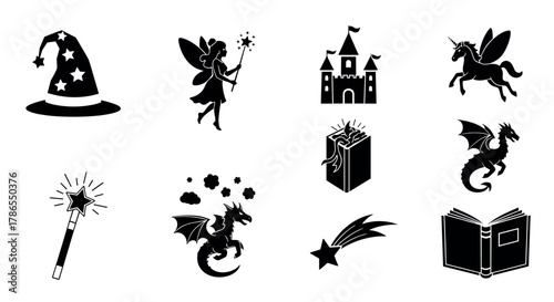 Silhouette icons of magical and fantasy elements, including a wizard hat, fairy, castle, unicorn, magic wand, gift box, dragon, shooting star, and an open book.