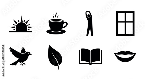 Set of eight monochromatic icons including a sunrise, steaming coffee cup, stretching figure, window, bird, leaf, open book, and smiling lips.