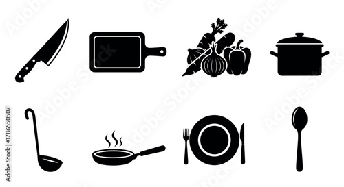 Black silhouette icons of kitchen utensils and cooking items, including a knife, cutting board, vegetables, pot, ladle, frying pan, plate with cutlery, and spoon.