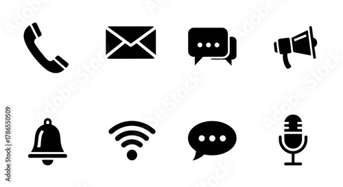 Set of eight black communication icons including phone, envelope, chat bubbles, megaphone, bell, wi-fi, message, and microphone.