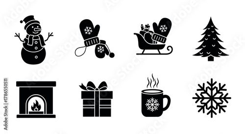 Black silhouette icons of winter holiday symbols including a snowman, mittens, sleigh, christmas tree, fireplace, gift, steaming mug, and snowflake.