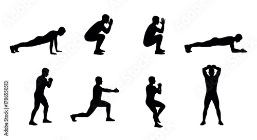 Silhouettes of a young african male performing various exercise positions, including push-up, squat, lunge, and plank on a plain white background.