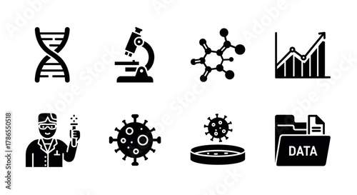 Set of eight black scientific icons featuring dna, microscope, molecule structure, growth chart, scientist, virus, petri dish, and data file for research concepts.