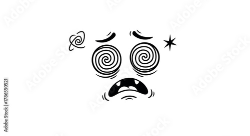 Black and white abstract illustration of a face displaying a shocked expression with spiral eyes and a small star symbol.