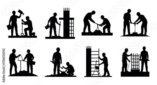 Silhouettes of workers in various construction activities, including masonry, measurements, and scaffolding setup, highlighting teamwork and industrious efforts.
