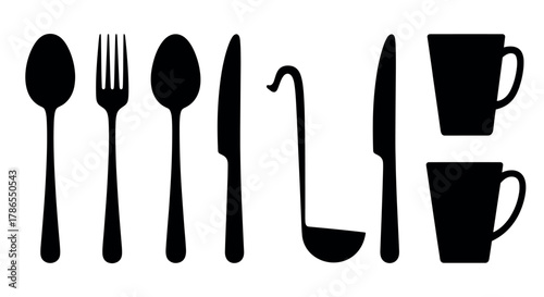 Black silhouette of various kitchen utensils, including two spoons, a fork, two knives, a ladle, and two stacked mugs, displayed in a row.