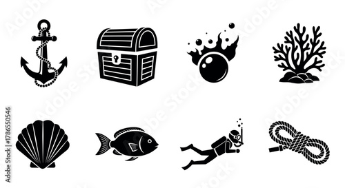 Collection of black silhouette icons depicting nautical and ocean themes, including an anchor, treasure chest, fireball, coral, seashell, fish, diver, and coiled rope.