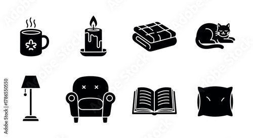 Black silhouette icons of cozy home items including a steaming mug, candle, blanket, cat, floor lamp, armchair, open book, and pillow.