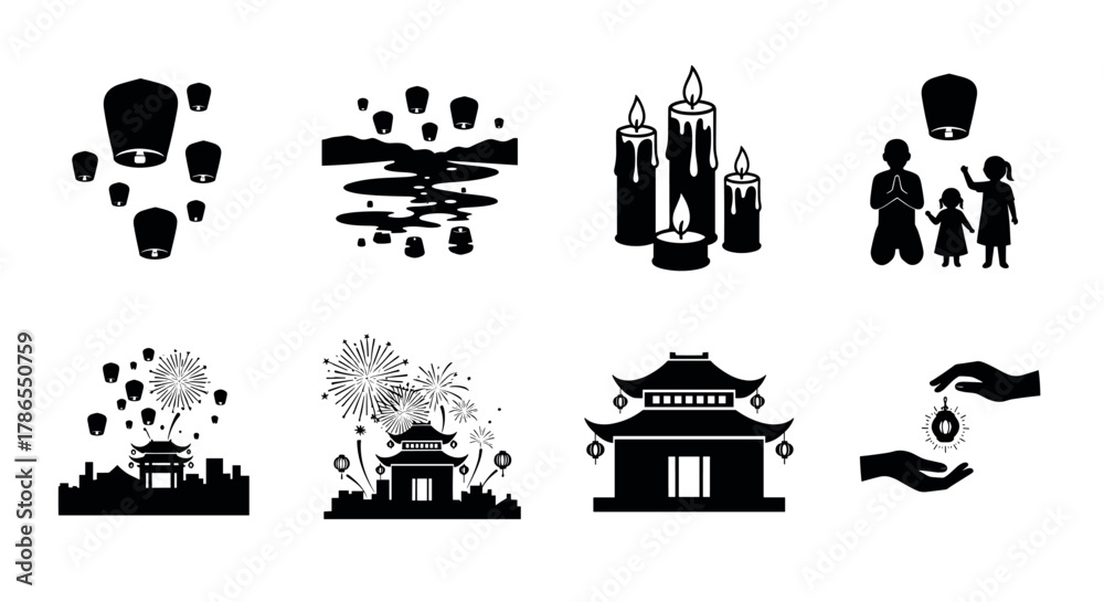 Fototapeta premium Black silhouette icons depicting a variety of cultural and religious themes, including lanterns, temples, fireworks, candles, and people engaging in prayer.