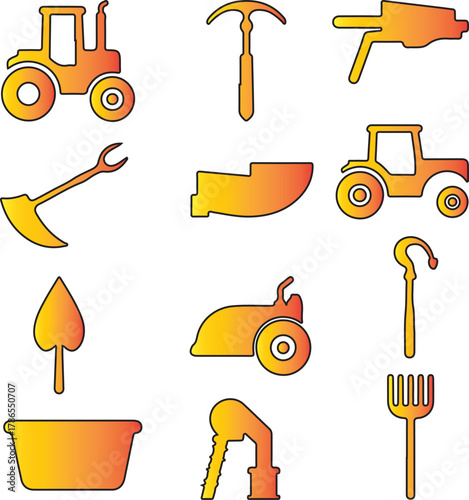 A Collection of Cartoon Style Agricultural and Construction Tools and Vehicles for Outdoor Work and Farming