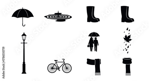 Black silhouette icons depicting an umbrella, puddle, rubber boots, street lamp, bicycle, a couple under an umbrella, falling leaves, and a scarf, symbolizing rainy weather.