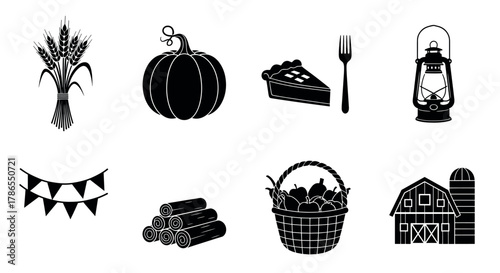 Black silhouette icons depicting autumn-themed elements including wheat, a pumpkin, a slice of pie, a fork, a lantern, pennant flags, firewood, a basket of apples, and a barn with a silo.