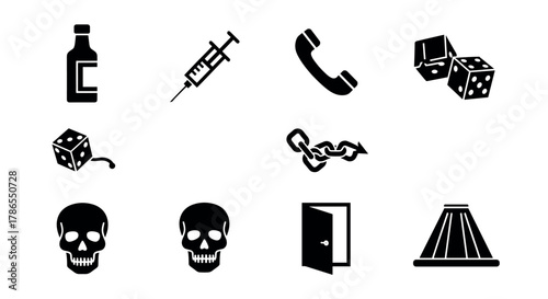 Collection of black silhouette icons including a bottle, syringe, phone receiver, treasure chest with dice, broken chain, skulls, open door, and lampshade.
