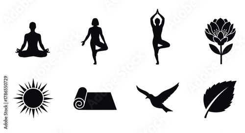 Black silhouette icons of people practicing yoga in various poses, a flower, the sun, a yoga mat, a bird, and a leaf symbolizing nature and relaxation.