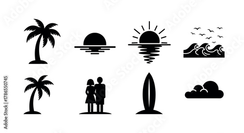 Black silhouette icons depicting a palm tree, a sunset, a couple, waves, a surfboard, and a cloud, symbolizing beach, travel, and sea life themes.