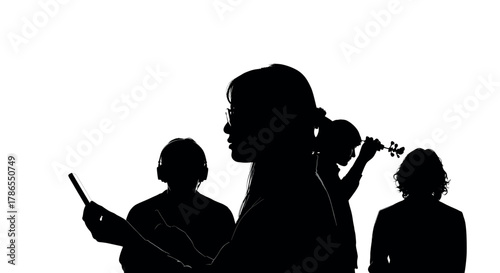 Silhouette of diverse people engaging with technology, featuring two individuals using mobile devices, one with headphones, and another playing the violin.