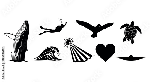 Black silhouette icons representing various sea and nature elements including a whale, diver, bird, wave, sunburst, heart, turtle, and sunset.