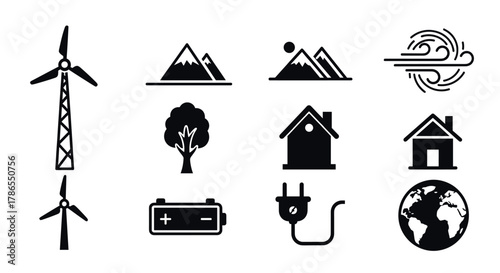 Black vector icons representing renewable energy sources and environmental awareness, including wind turbines, mountains, trees, houses, battery, plug, and a globe.