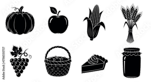 Black silhouette icons representing harvest produce including a pumpkin, apple, corn, wheat, grapes, a basket of apples, pie slice, and a jar.