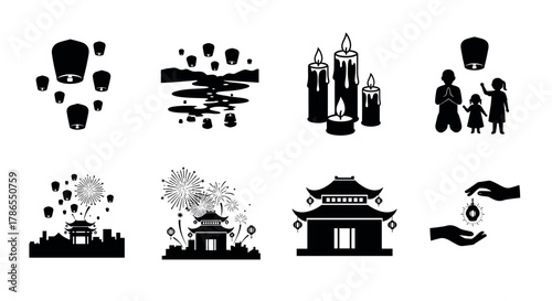 Black silhouette icons depicting a variety of cultural and religious themes, including lanterns, temples, fireworks, candles, and people engaging in prayer.