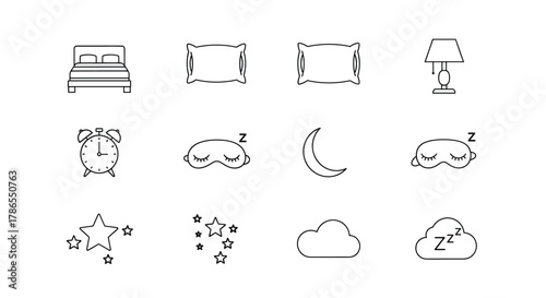 Black outline icons representing bedroom furniture, sleep accessories, and nighttime symbols, including a bed, pillows, lamp, clock, sleep mask, moon, stars, clouds, and z's.