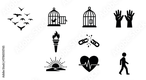 Black icons depicting birds flying, open and closed birdcages, raised hands, torch, broken chain, sunrise, heart with pulse, and walking figure.