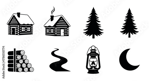 Black silhouette icons of cozy log cabins, pine trees, stacked firewood, a winding path, a vintage lantern, and a crescent moon, evoking rustic and outdoor themes.