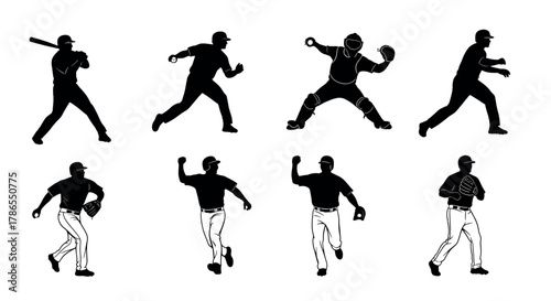 Silhouette illustrations of eight baseball players in various action poses, including batting, pitching, catching, and running.