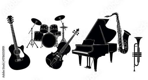 Black silhouette of various musical instruments including a guitar, drum set, cello, grand piano, saxophone, and trumpet.