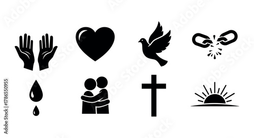 A collection of black silhouette icons representing themes of love, peace, faith, and freedom, including a heart, dove, cross, and broken chain.